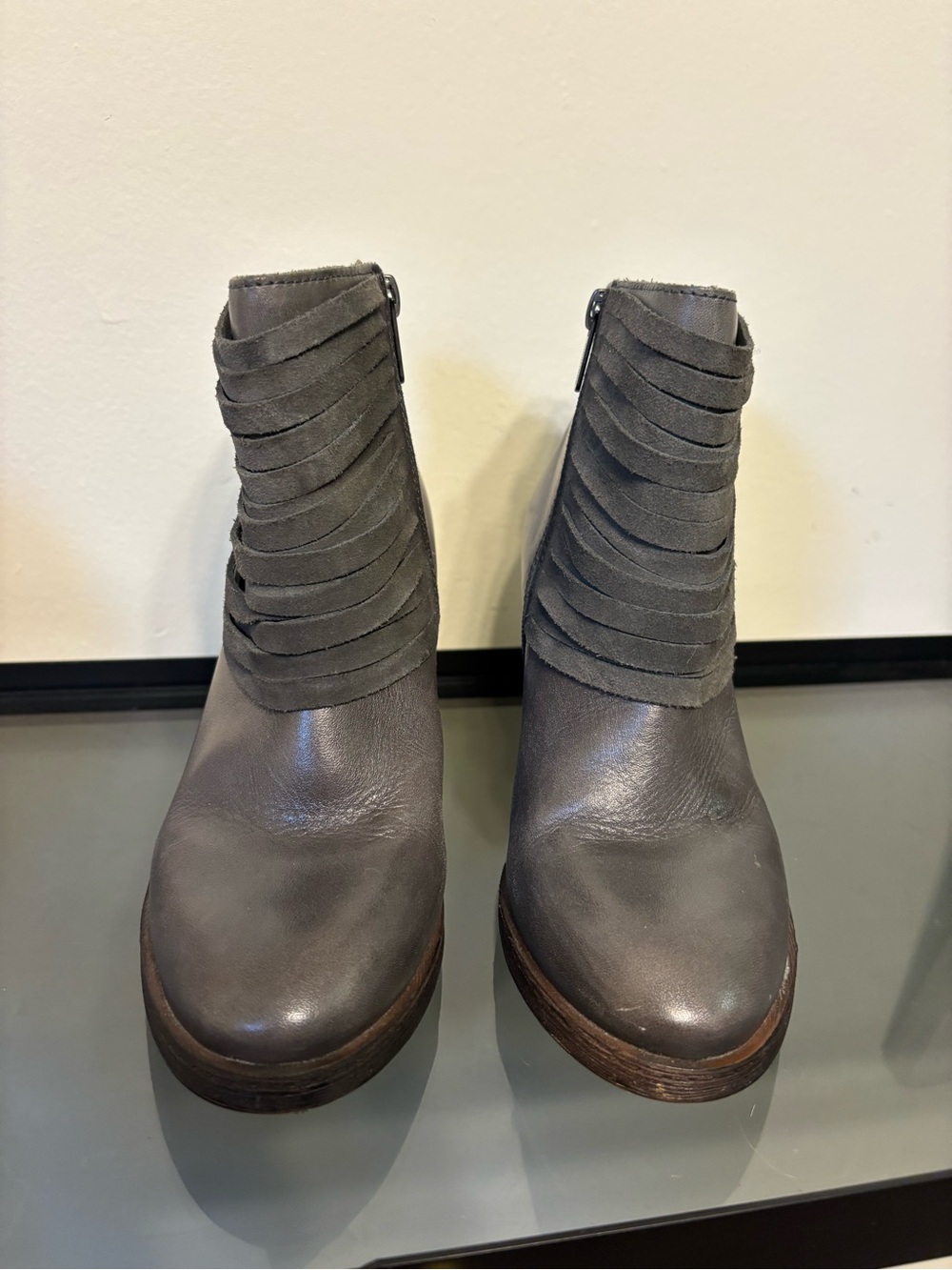 PIKOLINOS Gray Leather Ankle Boots with Layered Suede Cuff
